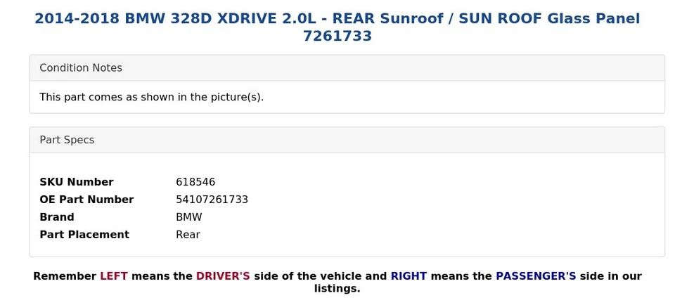 2014-2018 BMW 328D XDRIVE 2.0L - REAR Sunroof / SUN ROOF Glass Panel 7261733 - Image 4 of 4