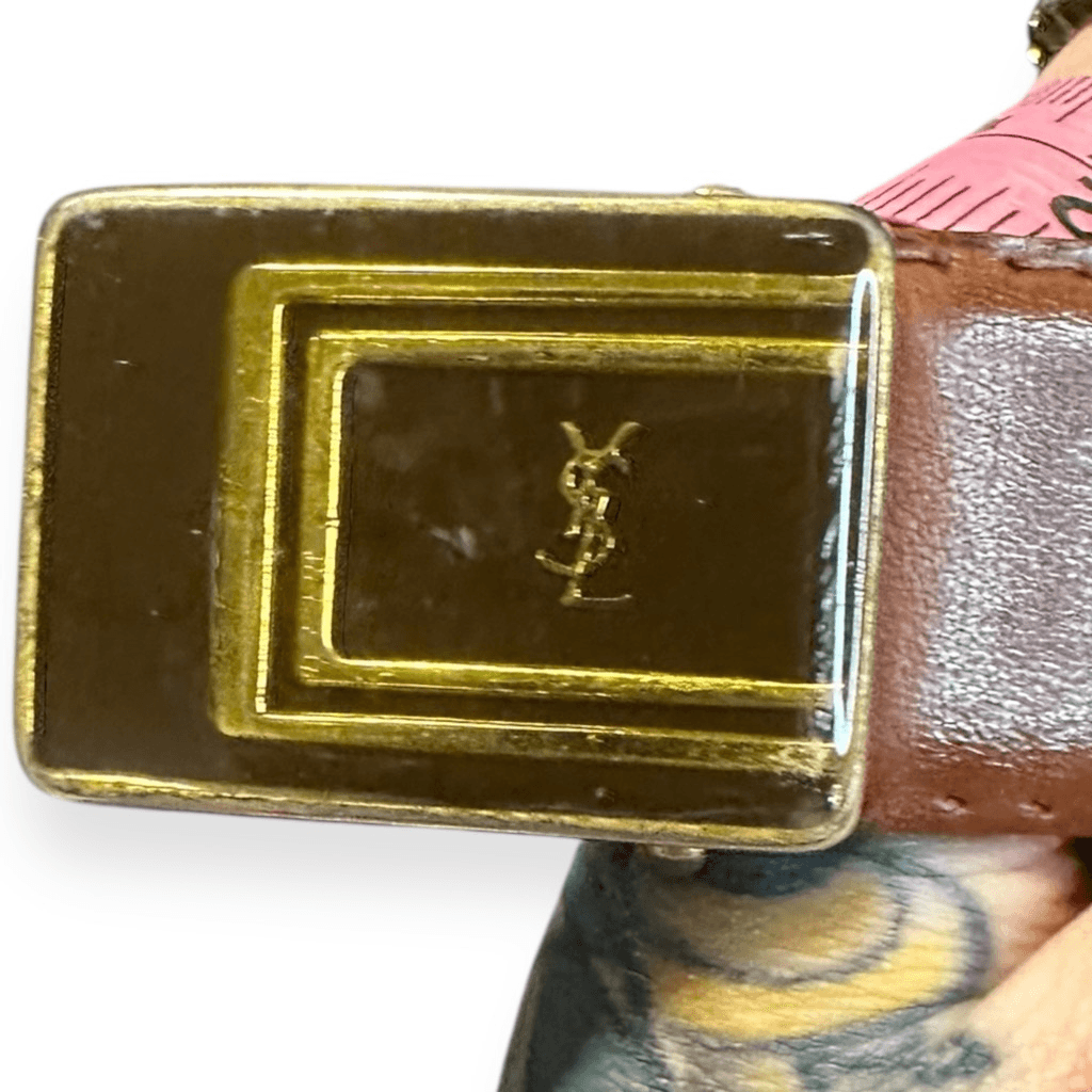 VINTAGE YVES SAINT LAURENT YSL Brown Leather Gold Square  display picture 3