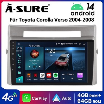 Android 14 9'' 4+64G Autoradio CarPlay GPS SWC Für Toyota Corolla Verso 2003-2009