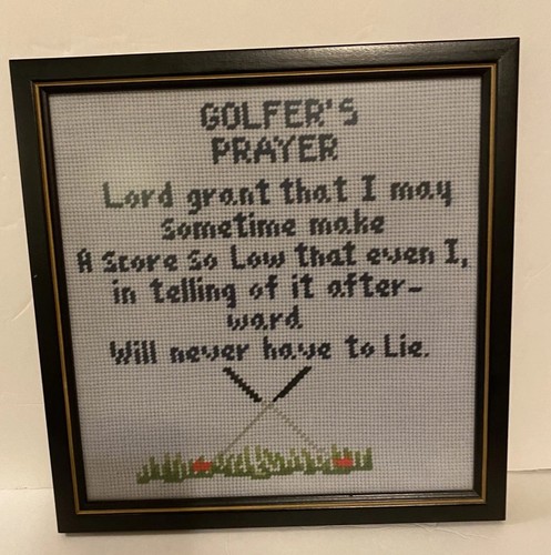 Vintage Golfer’s Prayer Framed Needlepoint Cross Stitch Golf Decor Wall Art