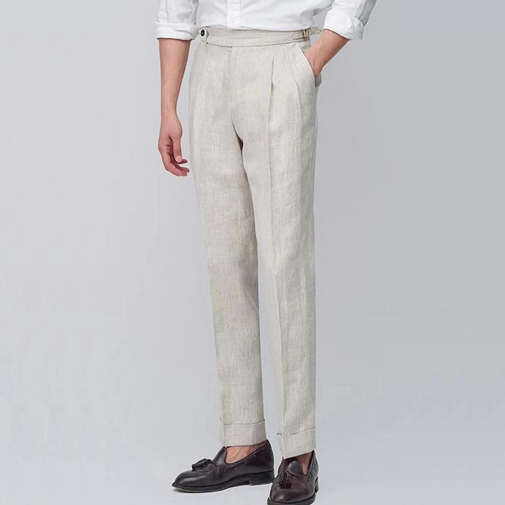 Mens Gurkha Linen Trousers Slim Tapered Retro Casual Pants