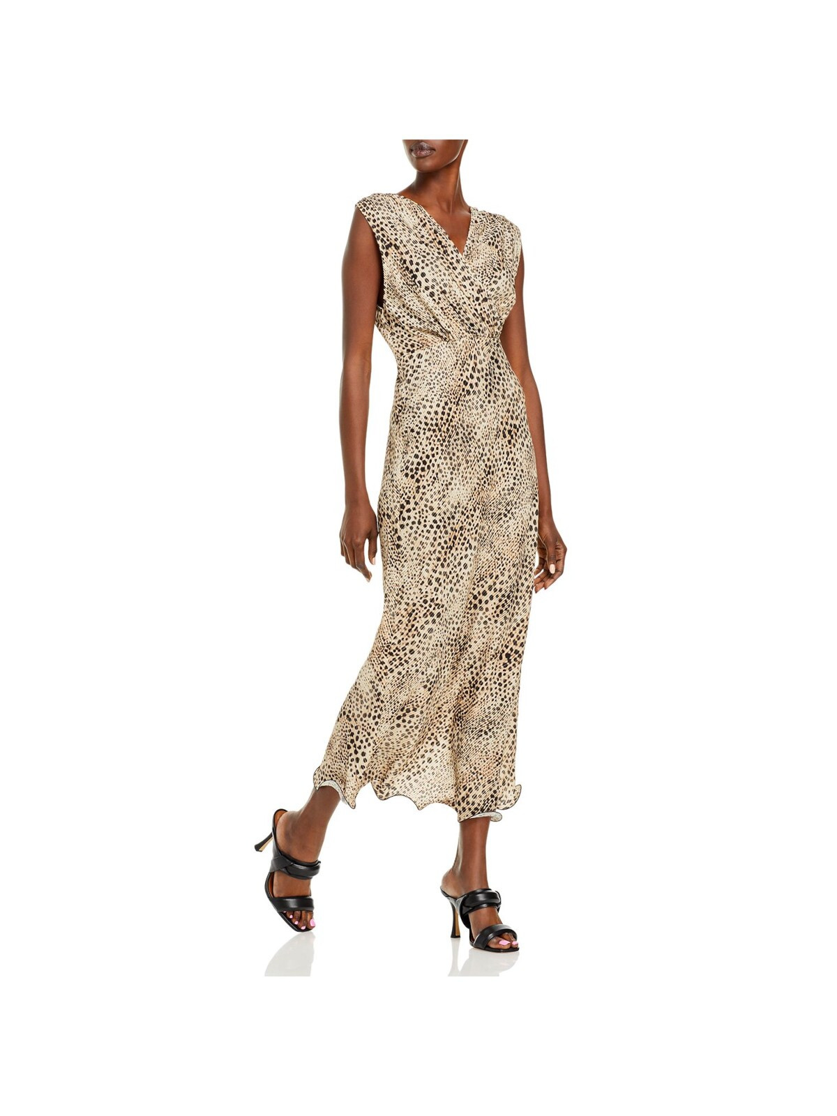 Beige Sleeveless Surplice Neck Maxi Evening Dress for Women M  