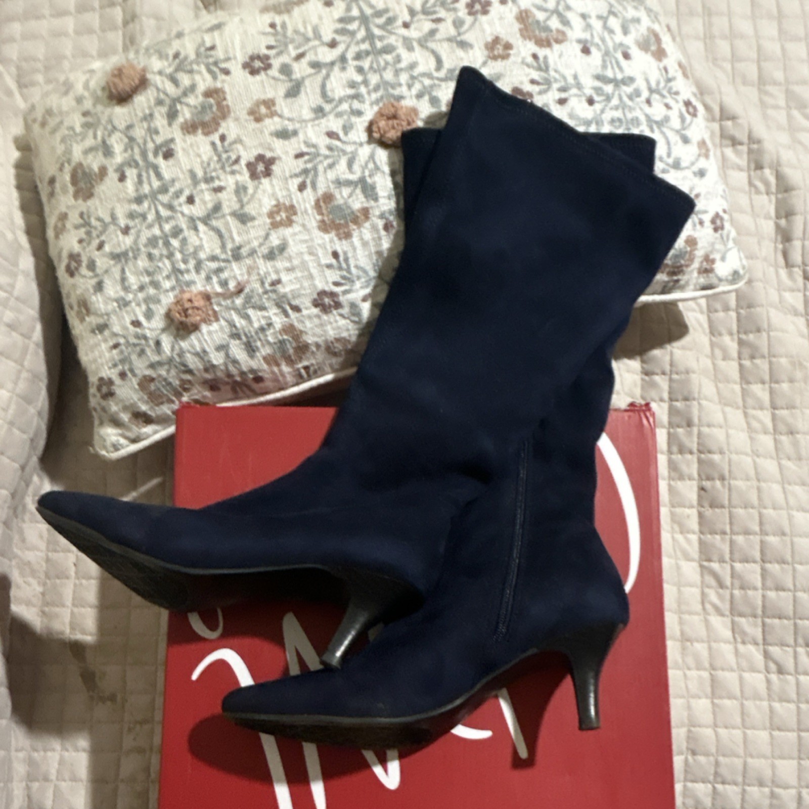 Impo Women's Navy Faux Suede Knee-High Dress Boots Cone Heel Pointed Toe Zip 7