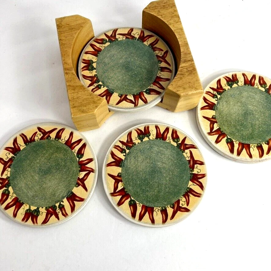 Juego de 4 posavasos de piedra vintage Cypress Homes chiles firmados por Eileen Rosenfeld Foto 2 de 4