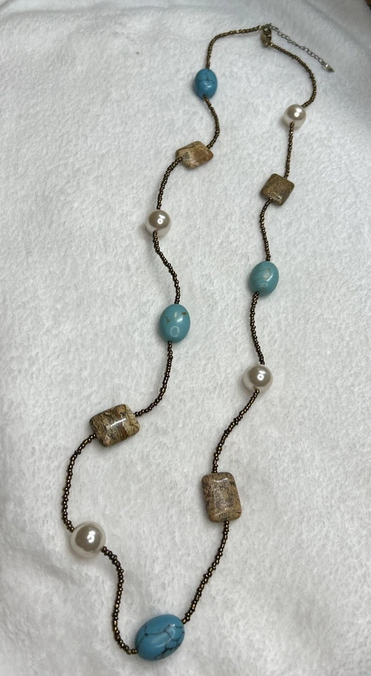 "Collar largo con cuentas de cobre nacarado turquesa Lia Sophia 33""+ joyería playera" Foto 2 de 4