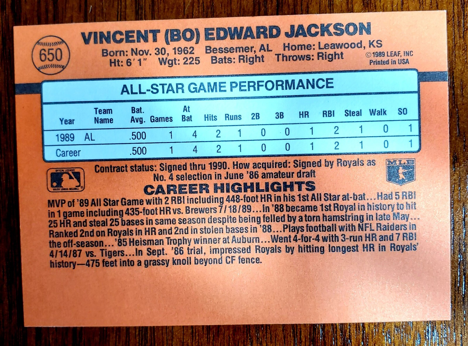 1990 Donruss Bo Jackson AllStar 650 DOUBLE ERROR BASEBALL CARD RARE