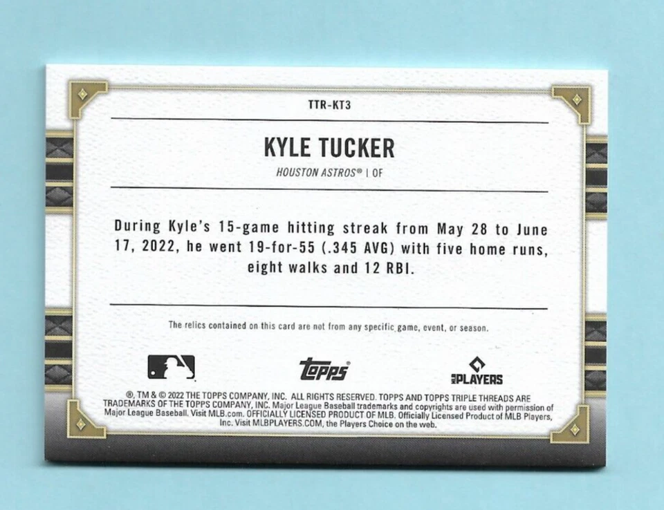 2022 Topps Triple Threads Kyle Tucker RELIC Card! SP# 19/27! - Image 2 of 2