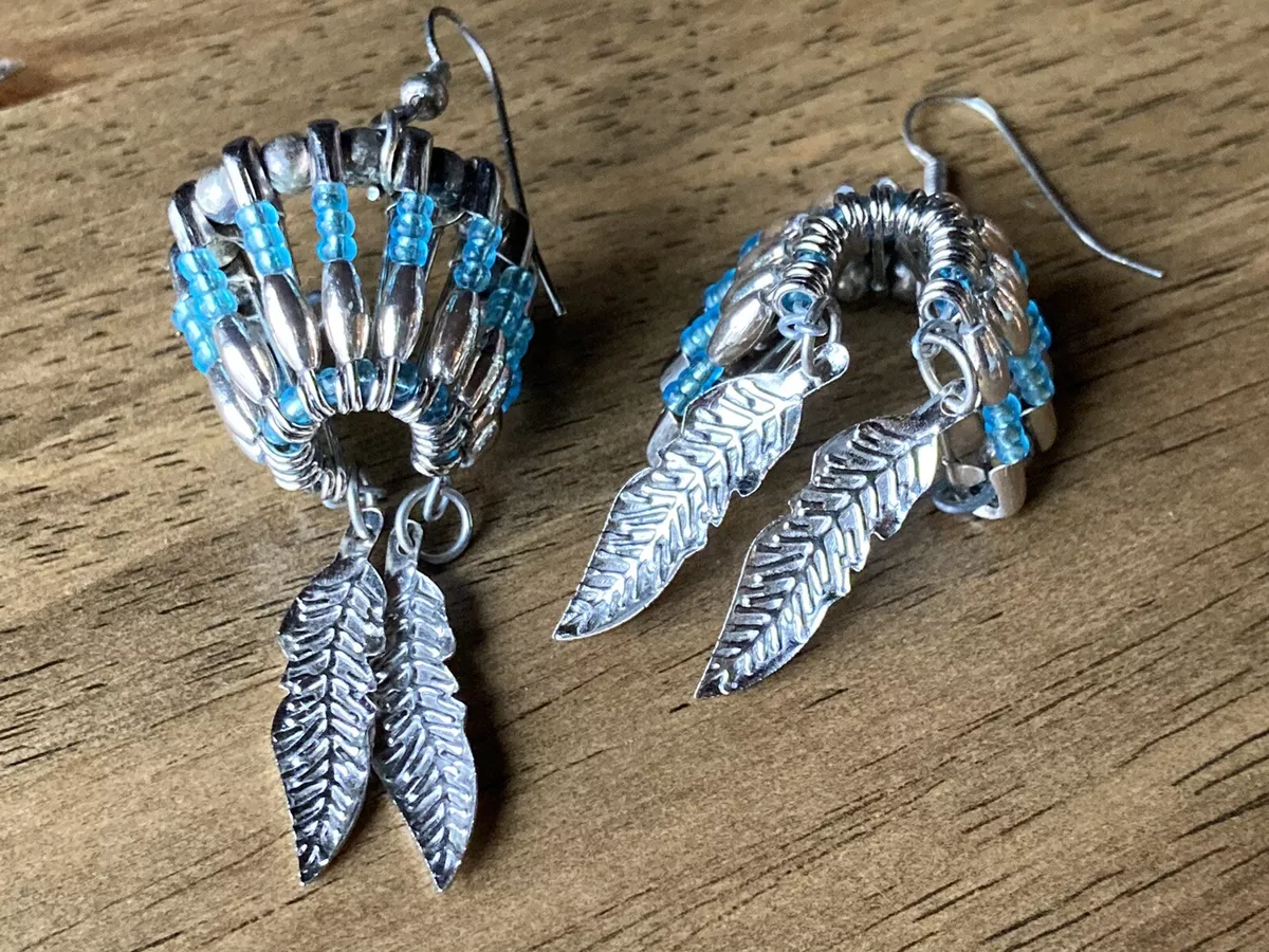 VTG Silver Tone Handmade Native American Beaded Earrings Chief