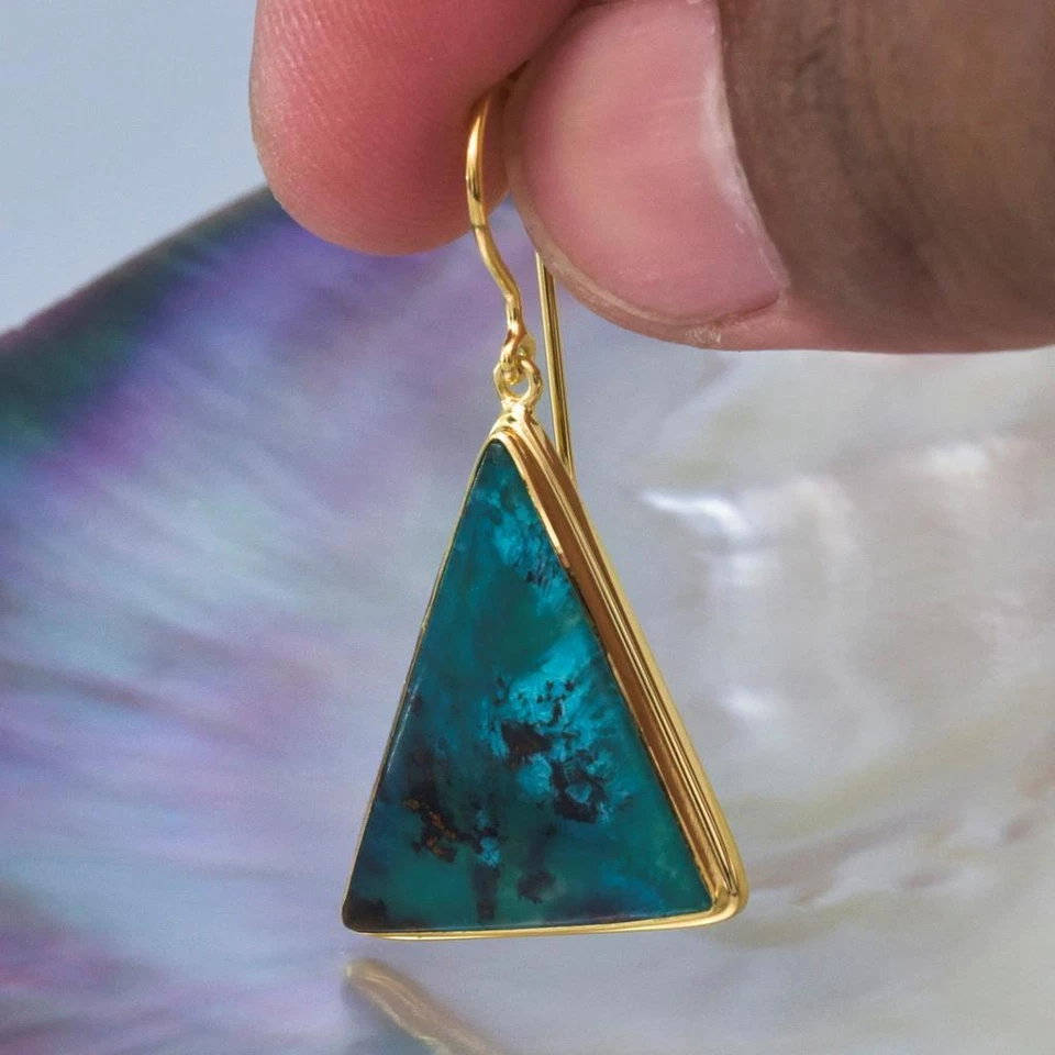 Pendientes Oro 18K Vermeil Plata de Ley Gema Sílice Crisocola Cabujón 8.39g Foto 3 de 4