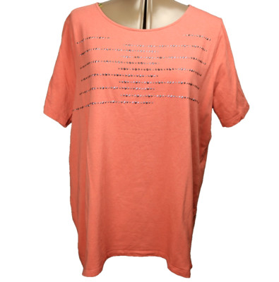 CJ Banks Rhinestone Accent Short Sleeve Tee Short Cotton Modal Blend Coral 1X