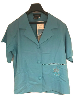 BALA BALA BLUE 100% SILK BUTTON UP BLOUSE SHORT SLEEVE ,EMBROIDERY SIZE L NWT