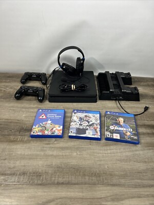 Sony PlayStation 4 Slim 1TB Gaming Console w/Controllers Black Plus Games Cooler