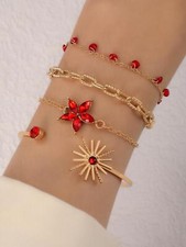 4pcs/set Fashion Red Rhinestone Decor Flower Shape Bracelet Statement Bracelet