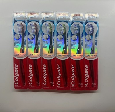6 PACK !!! Colgate 360 Advanced Floss-Tip Medium Toothbrushes, ASSORTED COLORS