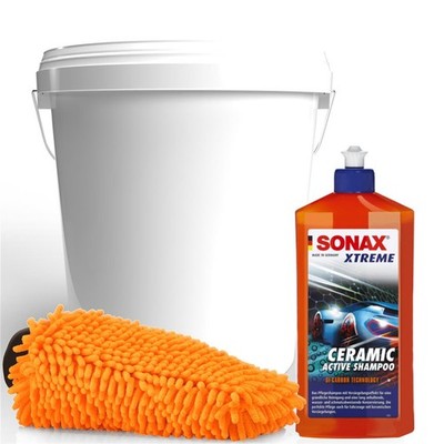 SONAX XTREME Ceramic Active Shampoo 500ml + Wachhandschuh orange + Eimer +Deckel