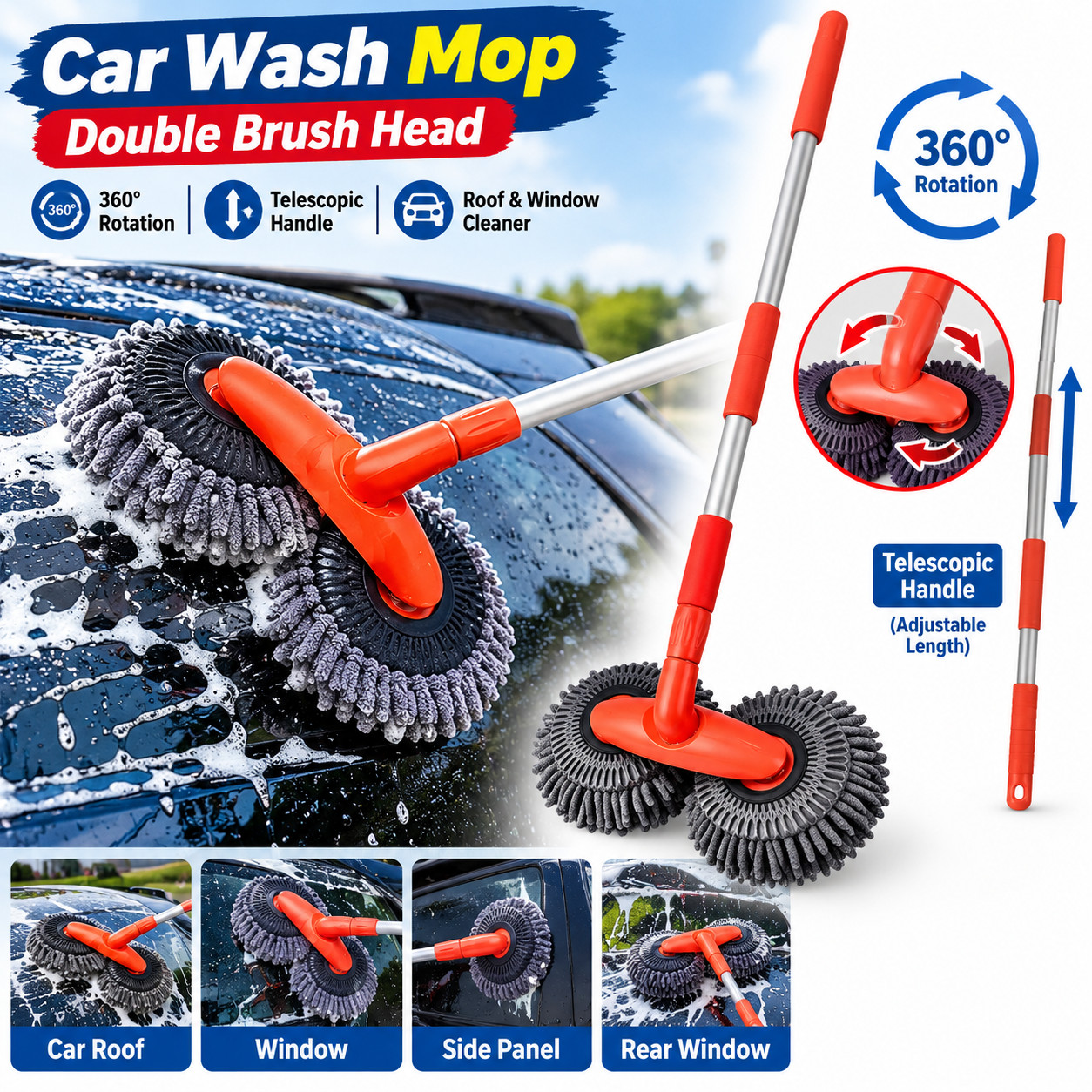Car Wash Mop Double Brush Head 360° Rotation Telescopic Mop Roof Window Clean
