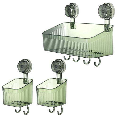 3Pcs Suction Cup Shower Caddy Storage Organizer Shelf with Hooks, Green