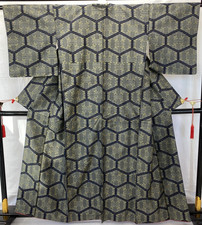 Japanese Vintage Kimono Silk Gray Oshima Tumugi Traditional Authentic Length62in