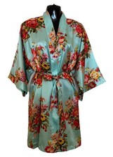 New Women  s M/L Kimono Floral Robe Short Blue Flowers Medium Large Summer