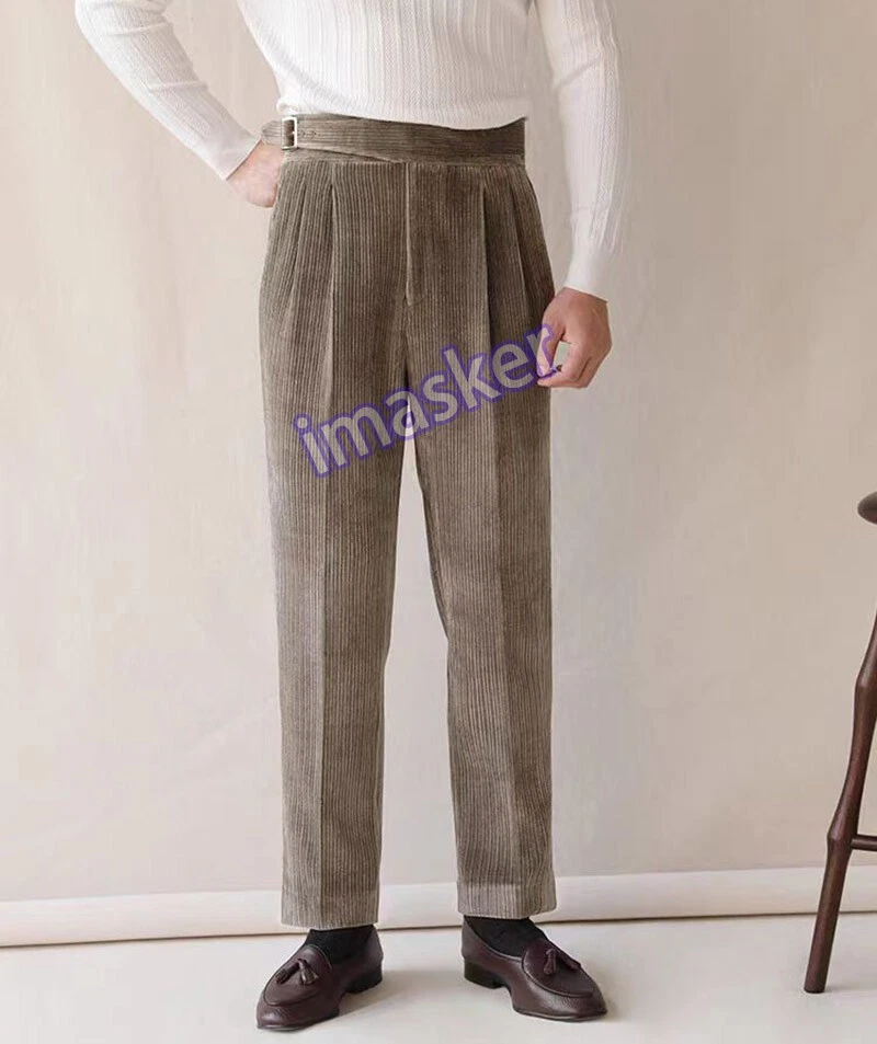 Mens Corduroy Naples Gurkha Pants High Waist Straight Trousers Casual Business - Image 2 of 4