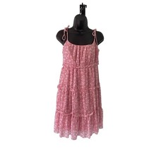 Women s Boho Floral Pink Med All Over Print Summer Mini Dress Tiered Tie Straps