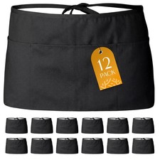 12 Pack - Black Server Waist Aprons with 3 Pockets, Waitress Half Apron