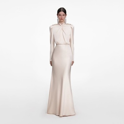 self portrait CHAMPAGNE SATIN MAXI DRESS $780 Size US 2