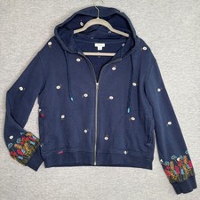 Sundance Size Large Navy Embroidered Floral Zip Hoodie Boho Cotton