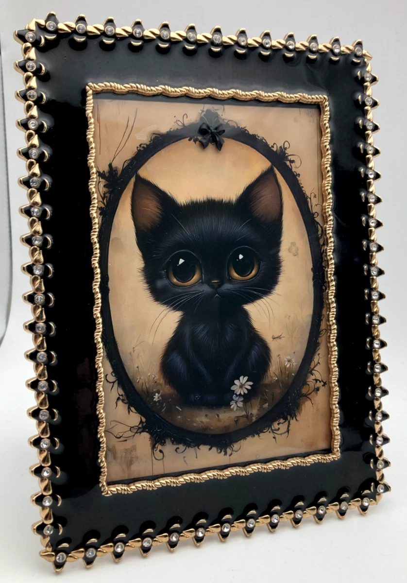 Gothic schwarze Katze gerahmte Kunst 8x6 gemischte Medien 3D Schleife Emaille Edelstein Rahmen süß Geschenk