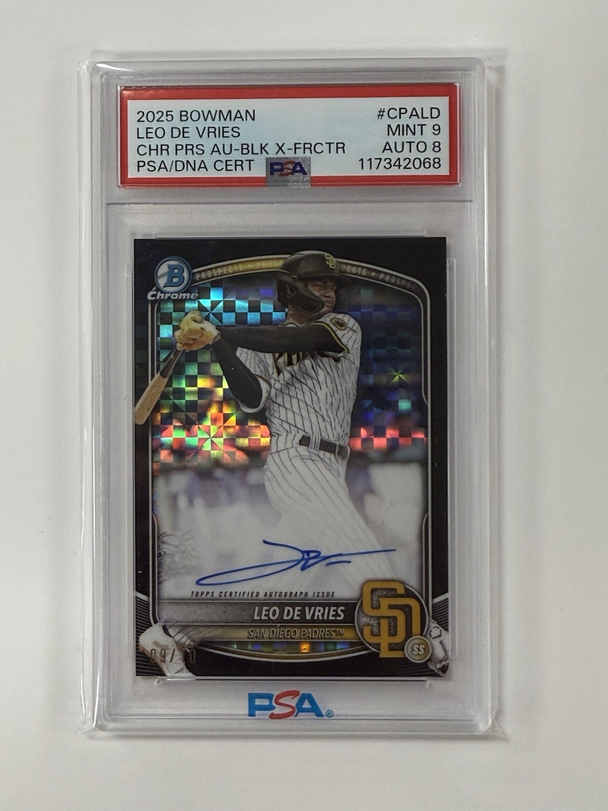 Leo De Vries PSA 9 2025 Bowman Chrome Black X-Fractor 9/10 Autograph CPA-LD