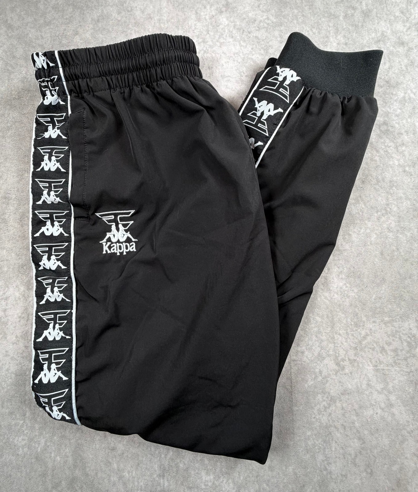 Kappa Mens XL Black Track Pants Logo Tape Joggers Polyester Zip Pocket
