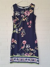 Talbots Women's Floral Sleeveless Navy Blue Dress With Birds Size P Petite Small