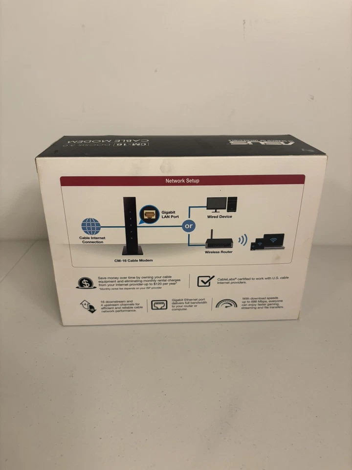 Asus CM-16 DOCSIS 3.0 Cable Modem Gigabit LAN 686Mbps w Power Cord & Ethernet  - Image 3 of 3
