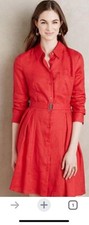 Anthropologie HD Laila In Paris Red Shirtdress Sz 4 100% Linen Long sleeve