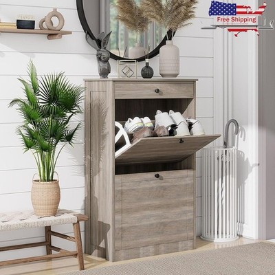 Narrow Shoe Storage Cabinet W/ Flip Down Drawers Entryway Organization New