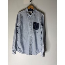 Desigual men's long sleeve collar button down blue white stripe patch pocket m