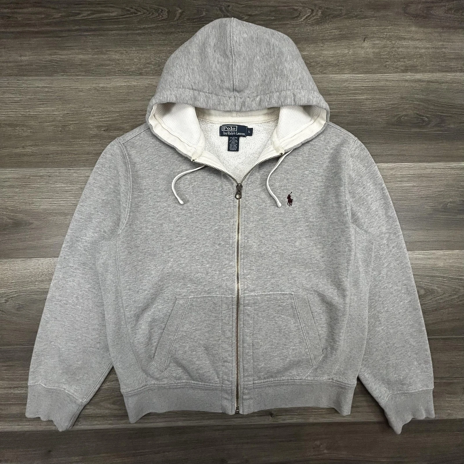 Vintage Polo Ralph Lauren Hoodie Mens Large Gray Full Zip Fleece Thermal Pony
