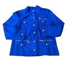 Chico  s 100 Linen Colbalt Blue Utility Jacket Chico's Size 2, Large, 12-14
