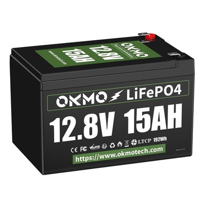 OKMO 12V 15Ah LiFePO4 Lithium Battery 12.8V, 15000+ Deep Cycles rechargeable ...