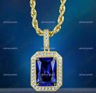 3.50Ct Emerald Cut Lab-Created Blue Sapphire Halo Pendant 14K Yellow Gold Plated