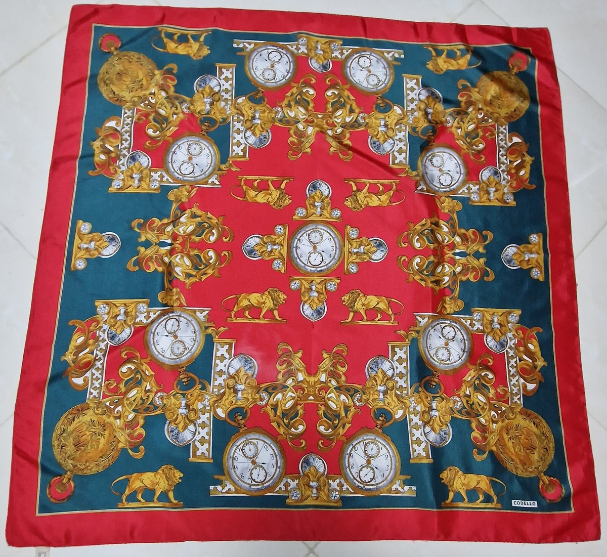 VINTAGE AUTHENTIC LUXURIOUS SILK SCARF BANDANA RED GOLD WATCHES