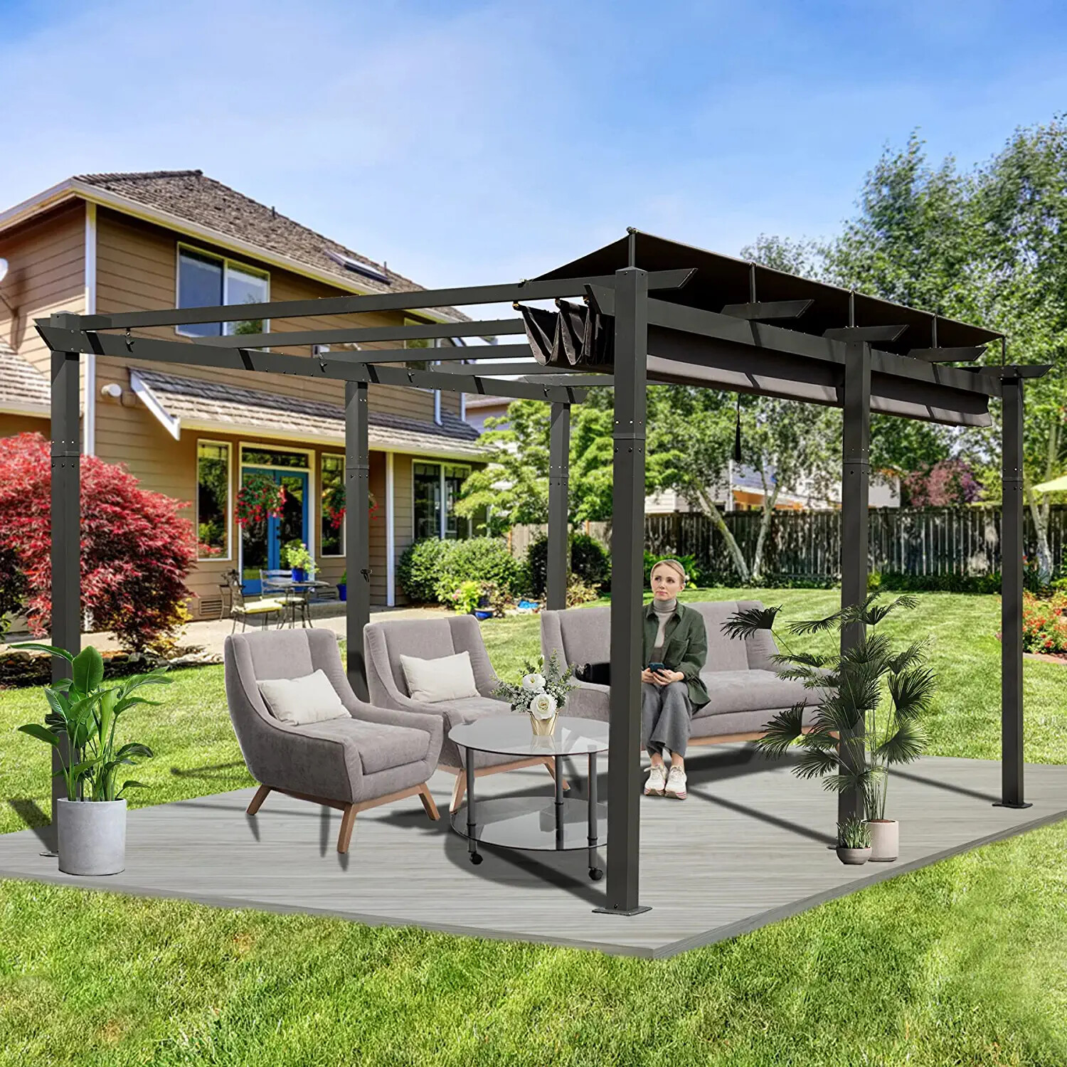 11'X 16' Outdoor Retractable Pergola with Canopy Aluminum Garden Grill Gazebo