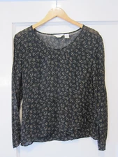 J Jill Black Wood Block Print Tulip Hem Semi Sheer Rayon Top M