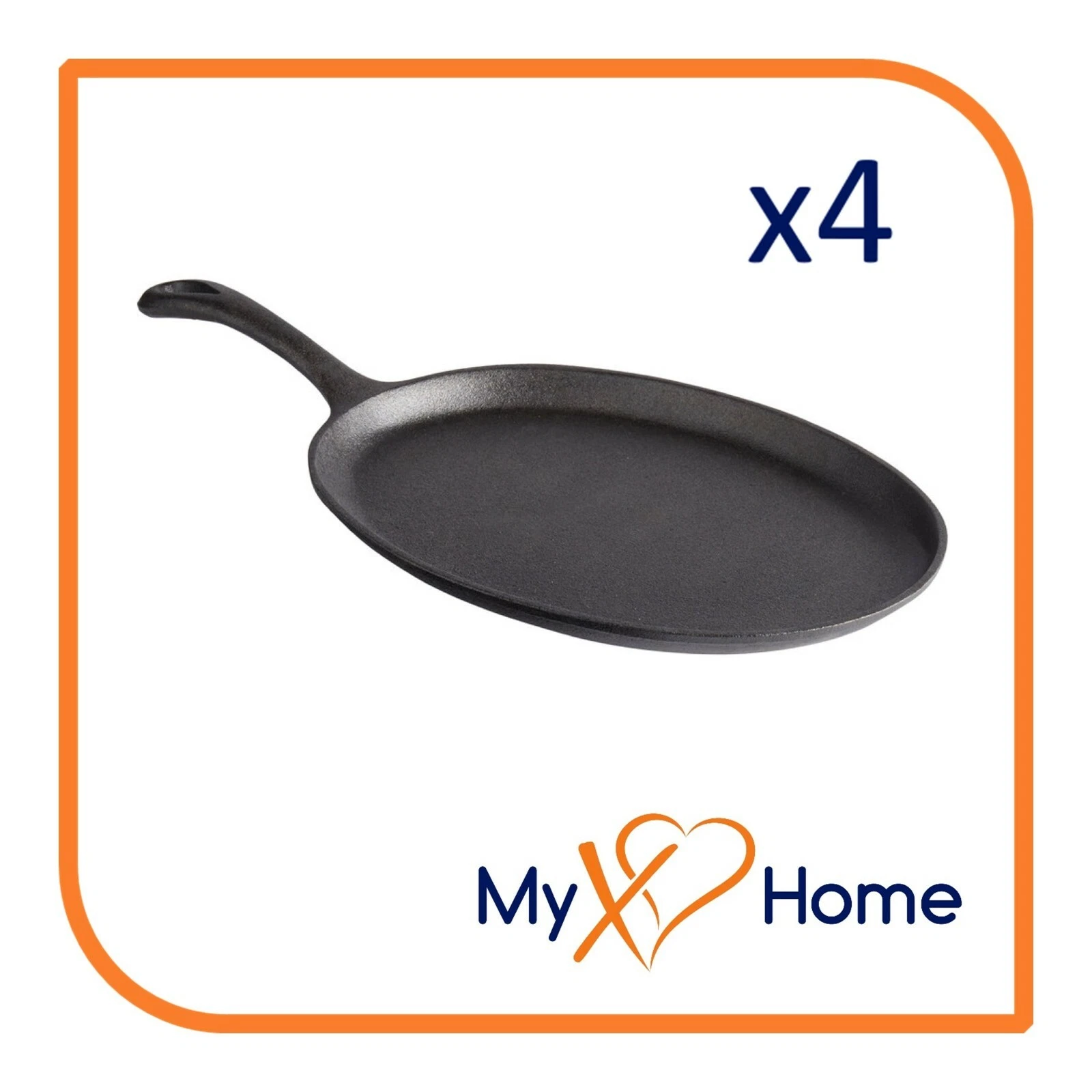 13" x 10" Oval Pre-Seasoned Cast Iron Fajita Skillet with Handle (4 Skillets)