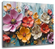 Watercolor Plant Pink and Yellow Flower Canvas Wall Art for Bathroom Living Room