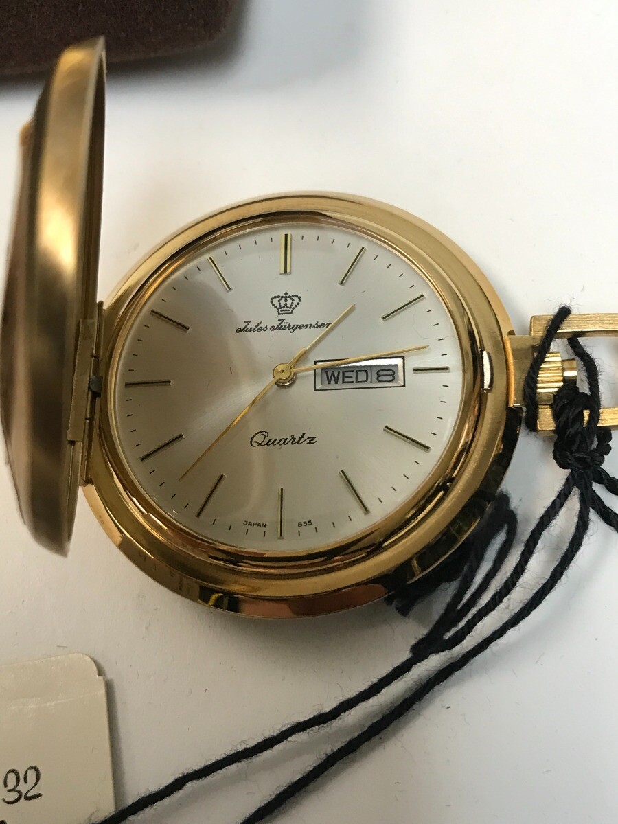 Rare NOS 1970s Jules Jurgensen Gold Tone White Dial Day Date Pocket