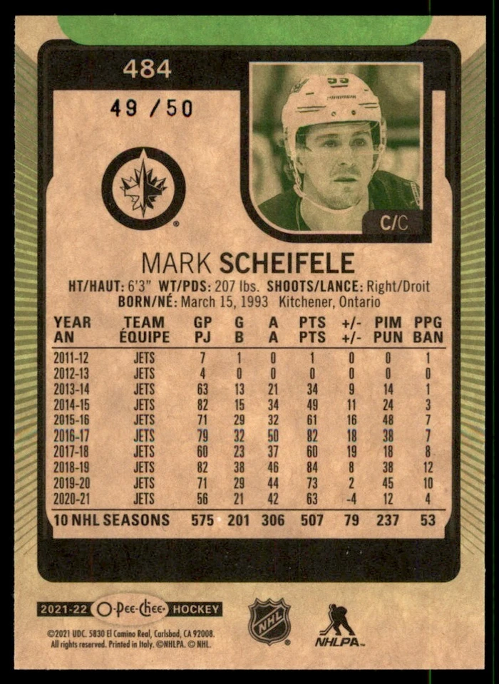 2021-22 O-PEE-CHEE NEON GREEN BORDER MARK SCHEIFELE 49/50 WINNIPEG JETS #484 - Image 2 of 2