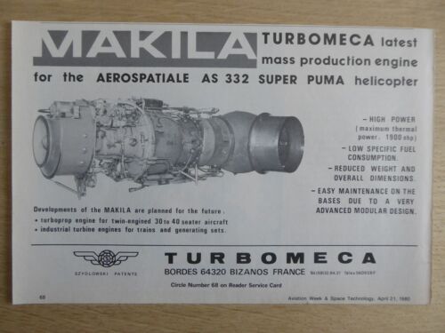 4/1980 PUB TURBOMECA MAKILA TURBINE ENGINE AS 332 SUPER PUMA HELICOPTER AD - Afbeelding 1 van 1