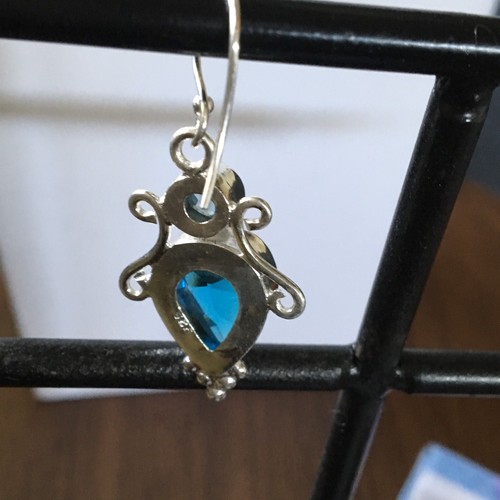 Spectacular Faceted Blue Topaz 925 Silver Dangle Earrrings - Picture 7 of 8