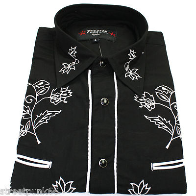 Relco schwarz Cowboy Western Line Dancing Blume bestickt Shirt rot Stern Rodeo